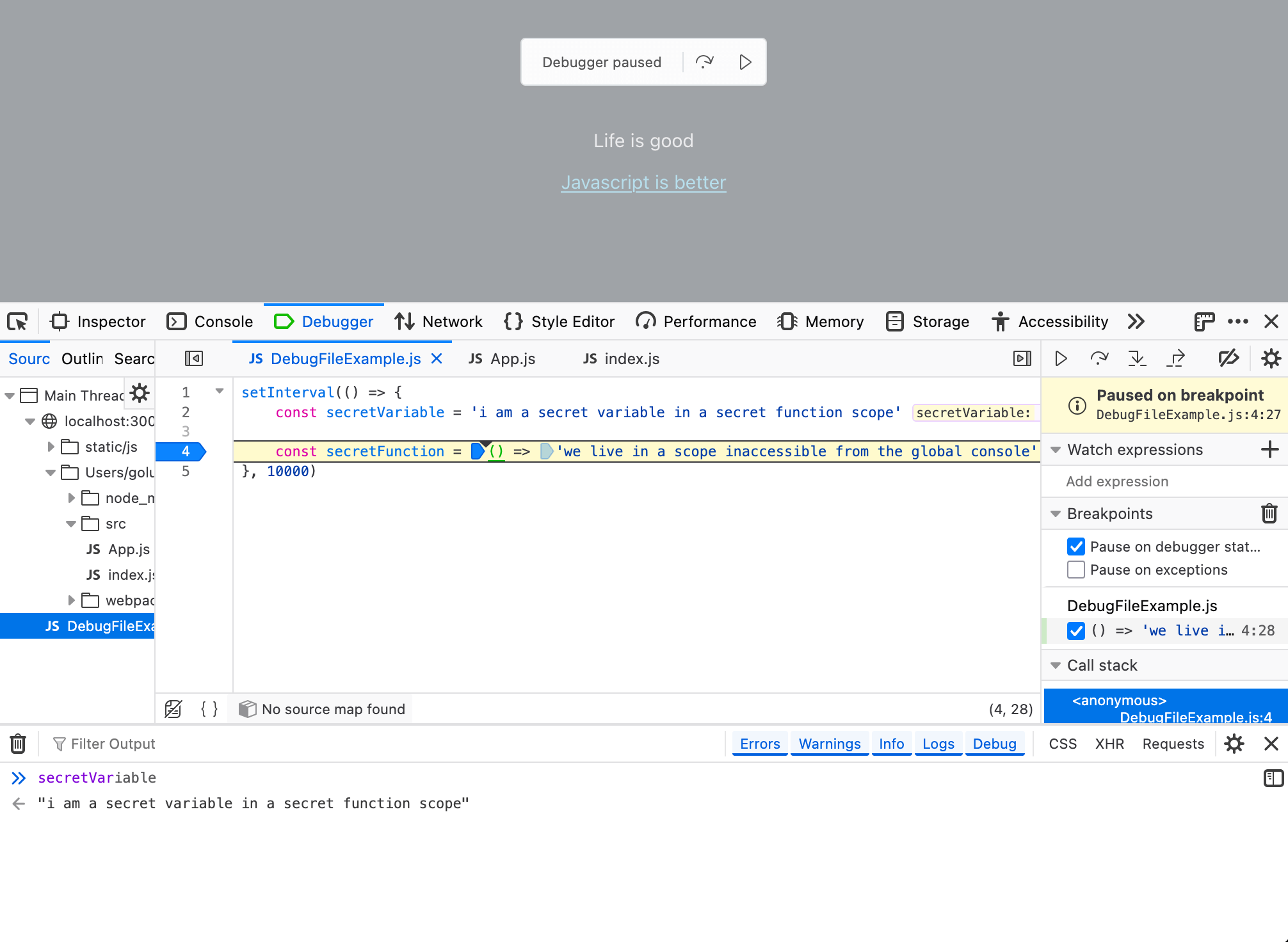 Screenshot showing the split console acting within the scope of the paused statement